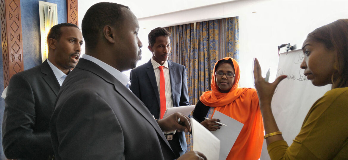 Group of people discussing in front of flip chart in Somalia