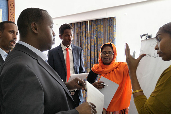 Group of people discussing in front of flip chart in Somalia